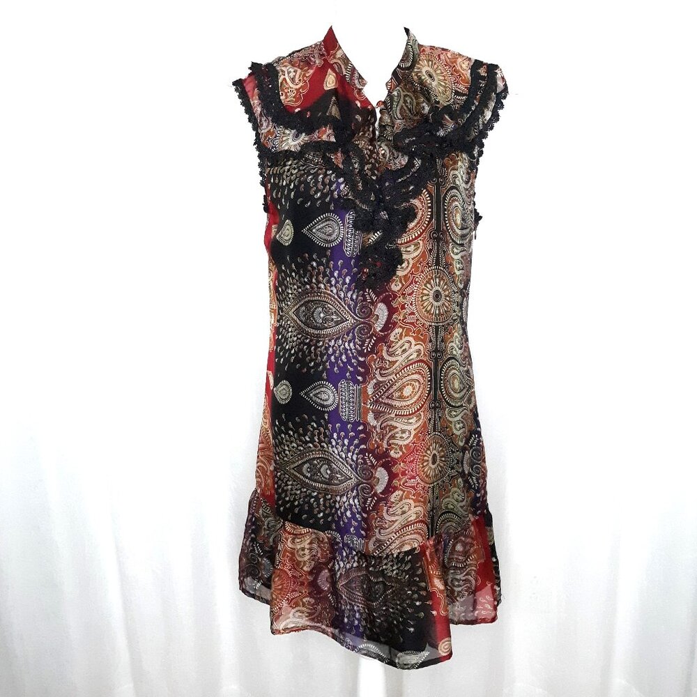 Sugar Lips 100% Silk Paisley Print Dress Jabot Collar Lace Trim